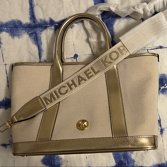 Michael Kors Handbags - Michael Kors Cream and Gold Satchel with Branded Strap